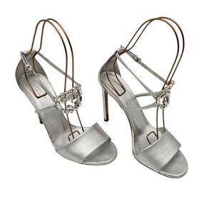 Gucci Crystal GG High Heel Sandal Size 39.5 US 9.5 Silver Leather Strappy
